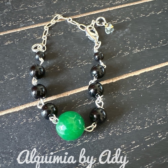 Green jade and onyx statement bracelet